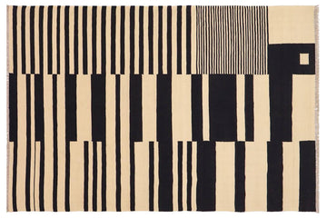 Flat Weave Kilim, Antique, Navaho, Vintage, Handmade, Modern Kilim Beige Black Hand-Woven Rectangle 100% Wool Area Rug 6 x 8